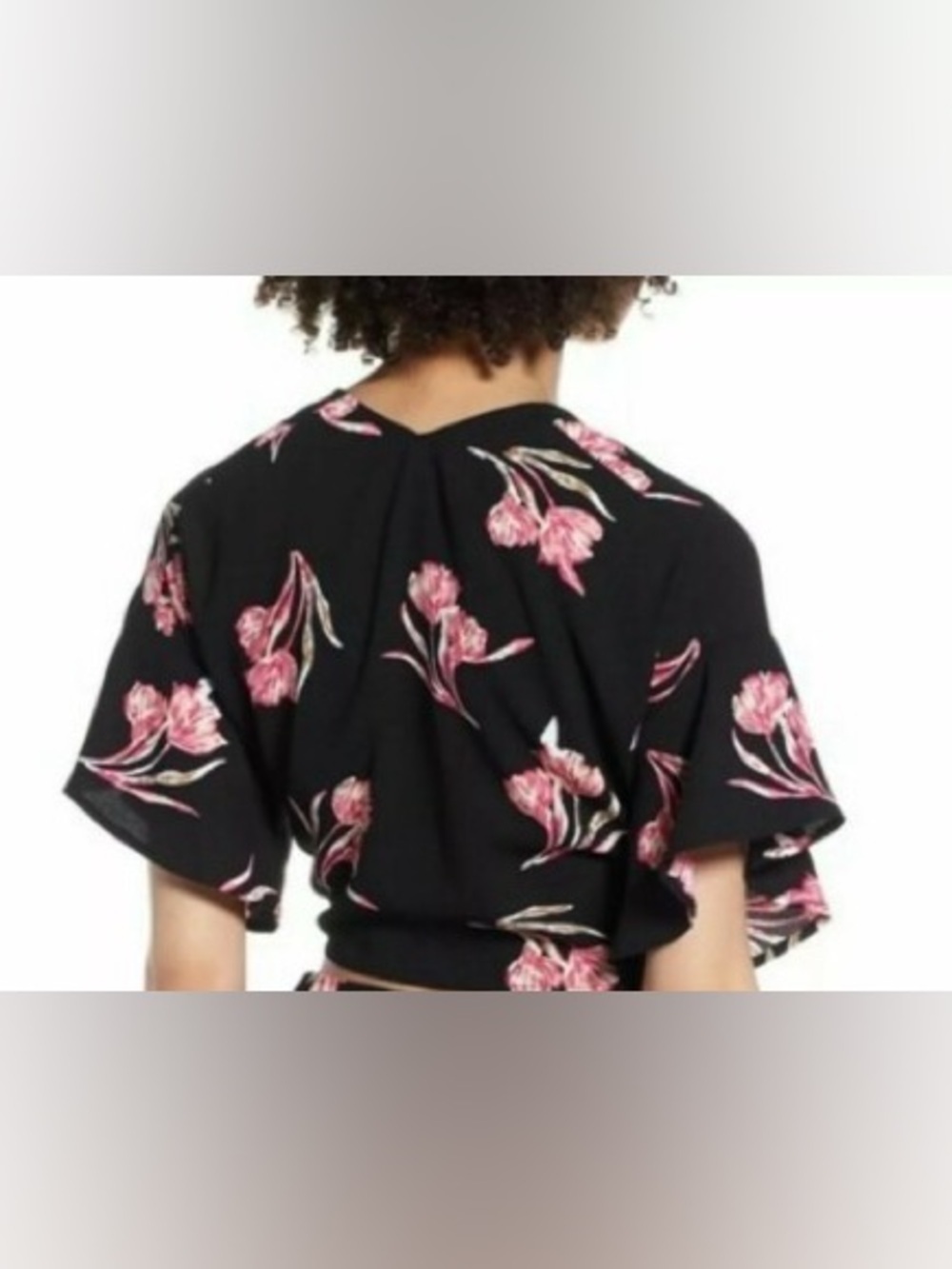 LEITH Floral Crop Top Black Pink Hawaiian Shirt Blouse Button Down V Neck Flowy - Picture 4 of 11